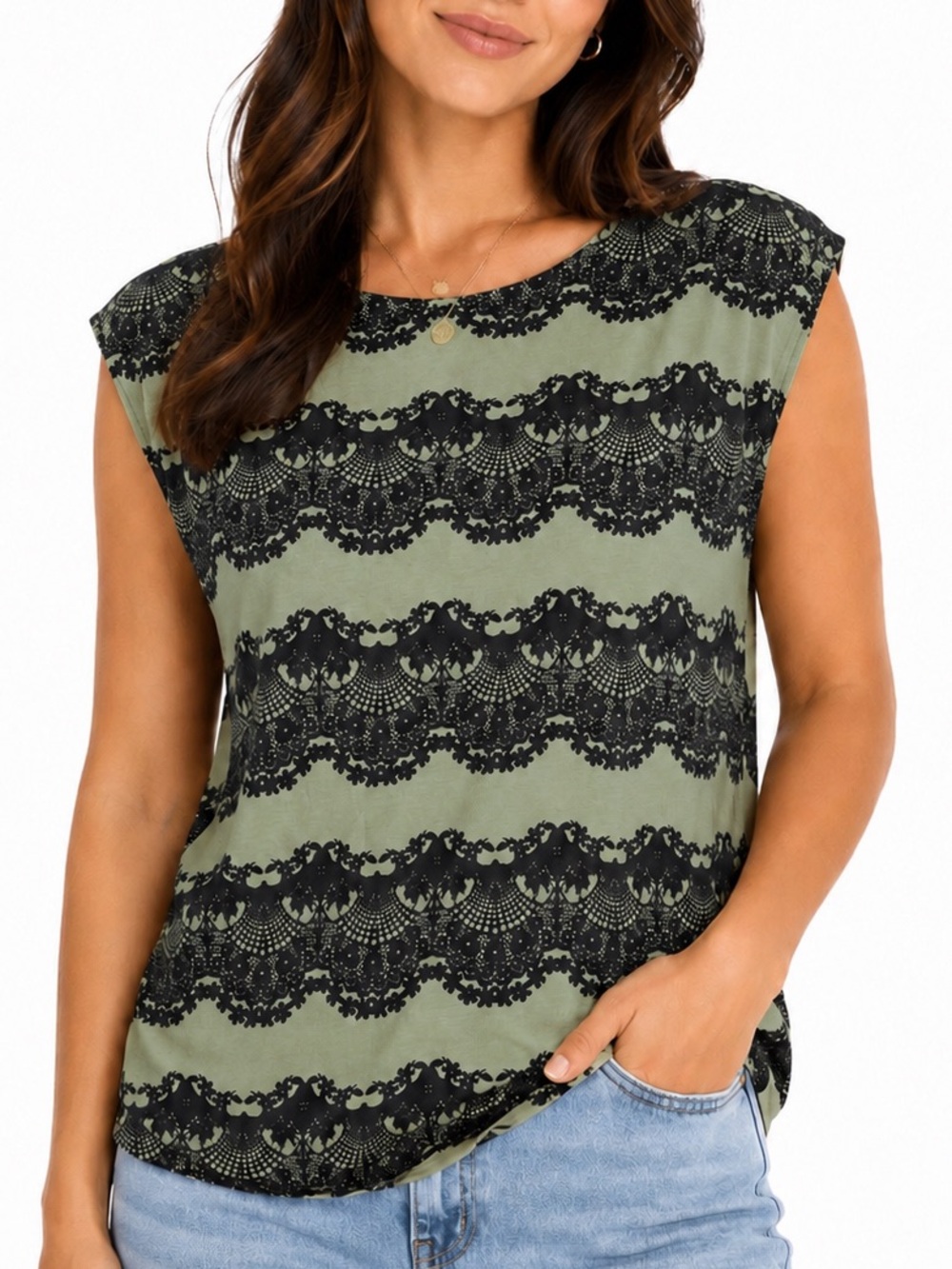 Sleeveless  Lace-Stripe Casual‎ Top